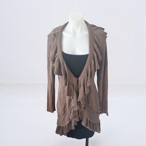 Tribal NWT Cocoa Brown Taupe Ruffle Cardi Cardigan Sweater Top Sz S
